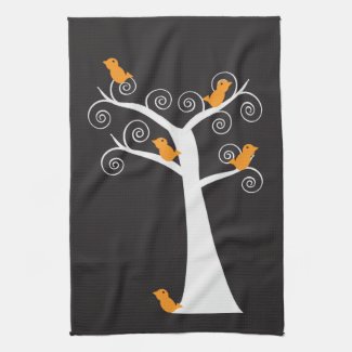 5 Orange Birds in Tree Kitchen Towel