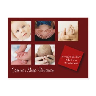 5 Photo Birth Announcement Red postcard