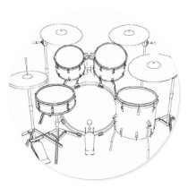 5 Piece Drum Kit: Black & White Drawing: Round Stickers