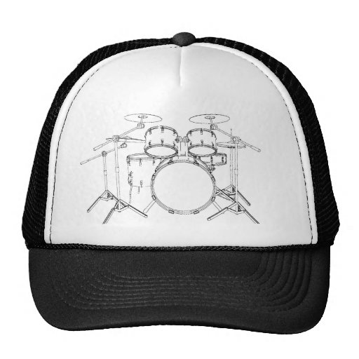 5 Piece Drum Kit Black & White Drawing Trucker Hat Zazzle