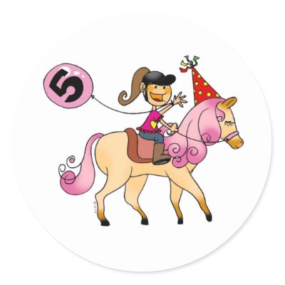 5 year old girl on a pony round sticker