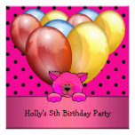 5th Birthday Party Cat Balloons Blue Yellow Pink Custom Announcements