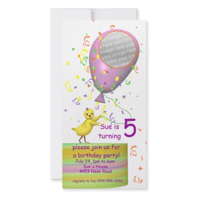 5th Birthday Party Chicken Invite Pink Balloon Photo Card Template by xfinity7
