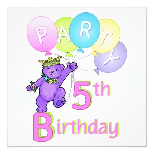 5th Birthday Party Princess Bear Balloons Custom Invitations