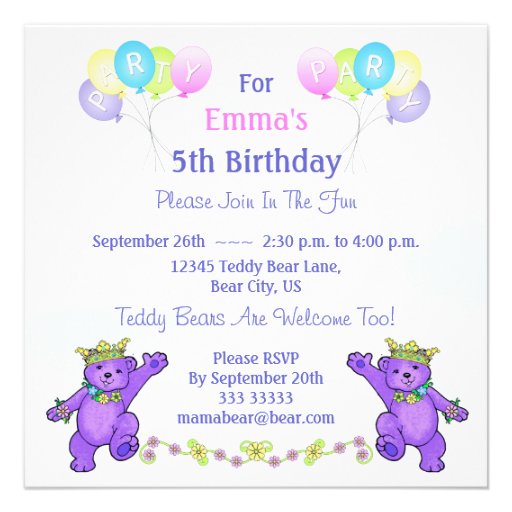 5th Birthday Party Princess Bear Balloons Custom Invitations
