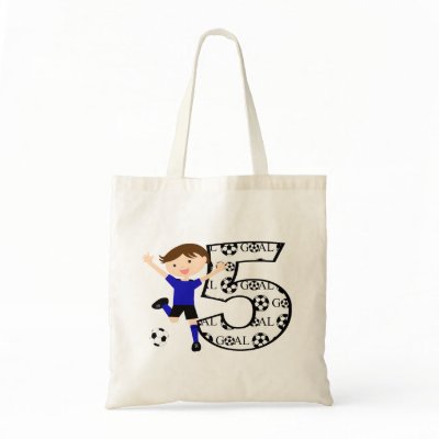 5th Birthday Red and White Soccer Goal Tote Bags by CelebrationBazaar