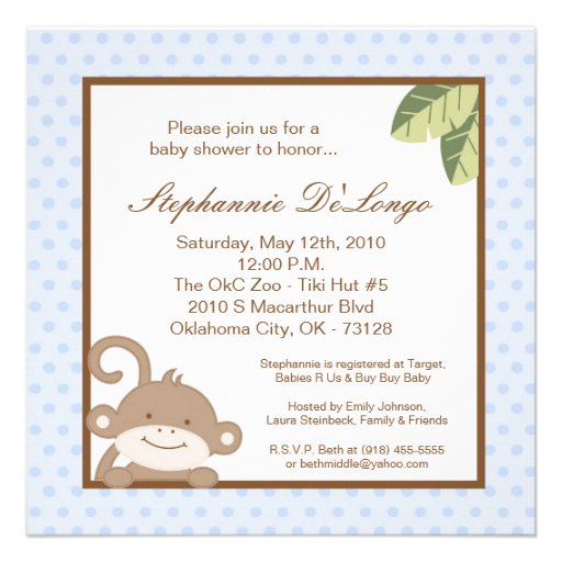 5x5 Boy Blue Monkey Baby Shower Invitation