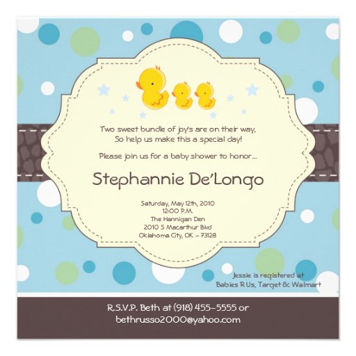 5x5 Boy TWIN Rubber Duck Baby Shower Invitation (front side)