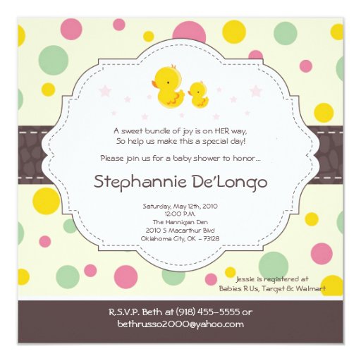 5x5 Girl Rubber Duck Duckie Baby Shower Invitation Zazzle
