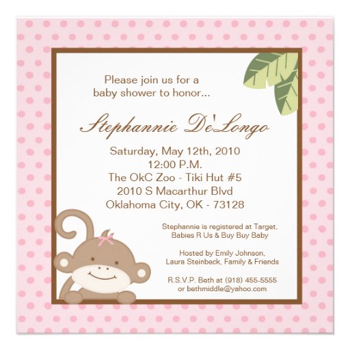 5x5 Girly Girl Pink Monkey Baby Shower Invitation