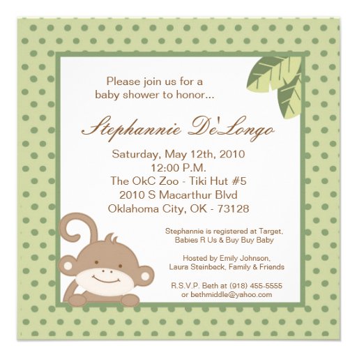 5x5 Neutral Green Monkey Baby Shower Invitation