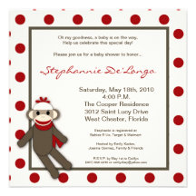5x5 Red Sock Monkey Toy Baby Shower Invitation