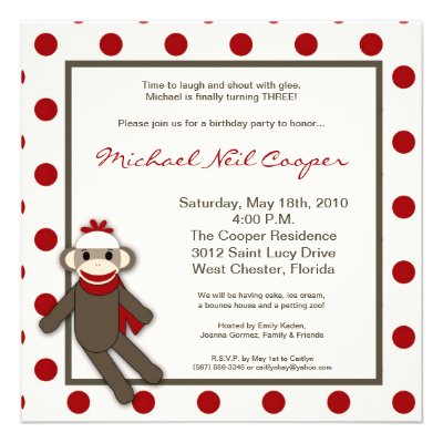 5x5 Red Sock Monkey Toy Birthday Party Invitation