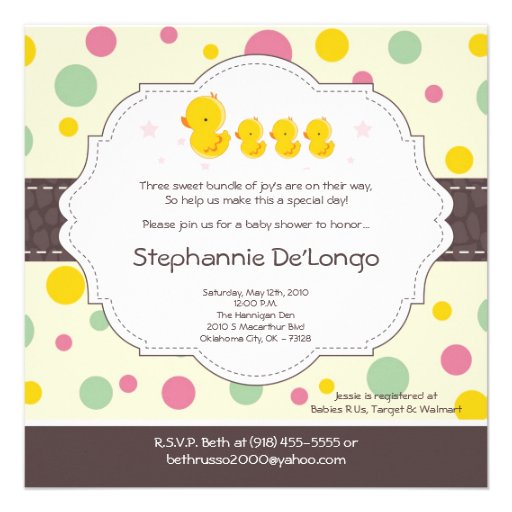 5x5 TRIPLET Gir Rubber Duck Baby Shower Invitation