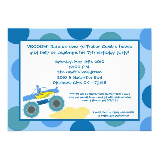 5x7 4x4 ATV Monster Truc Birthday Party Invitation