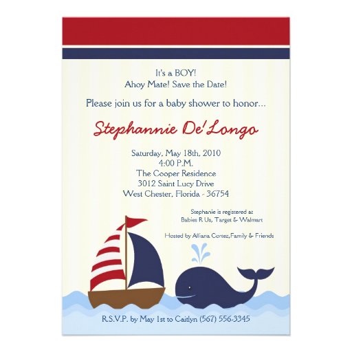5x7 AhoyNautical Whale Boat Baby Shower Invitation Invitations (front side)