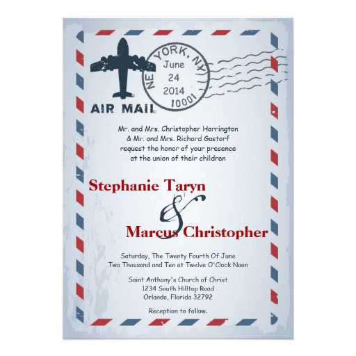 5x7 Air Mail Plane USPS Postal  Wedding Invitation