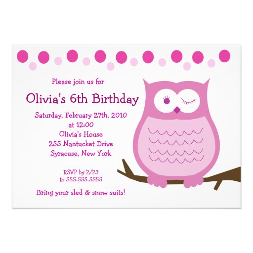 5x7 Amore Owl Pink Girl Birthday Invitation