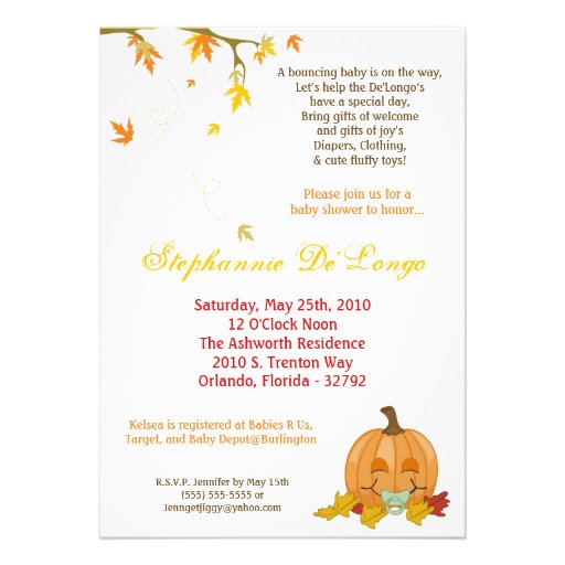 5x7 Autumn Fall Pumpkin Baby Shower Invitation