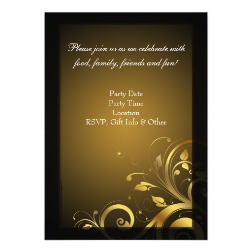 5x7 Black and Gold Swirl, Custom Birthday Party Custom Invites