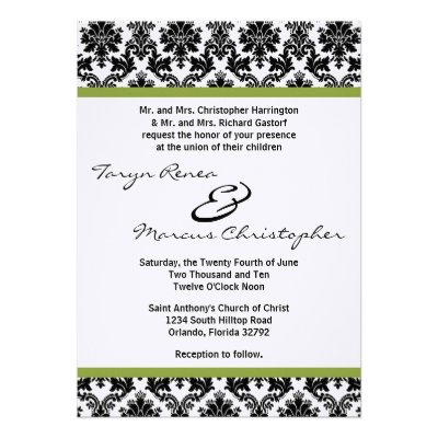 5x7 Black Damask & Green Linen Wedding Invitation