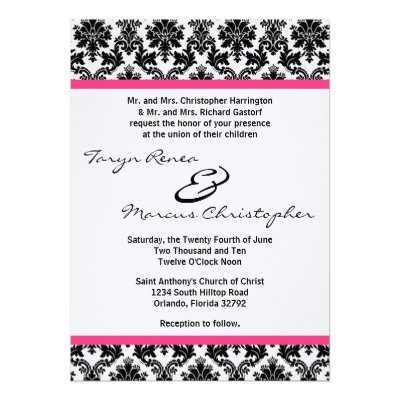 5x7 Black Damask & Pink Linen Wedding Invitation