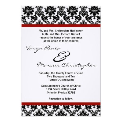 5x7 Black Damask Red Crim Linen Wedding Invitation