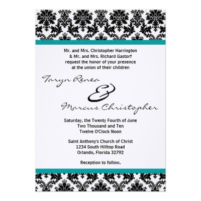 5x7 Black Damask & Teal Linen Wedding Invitation