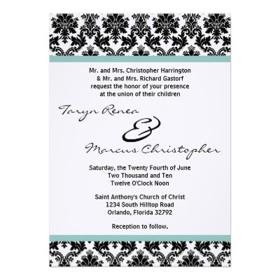 5x7 Black Damask Tiffany Blue Linen Wedding Invite