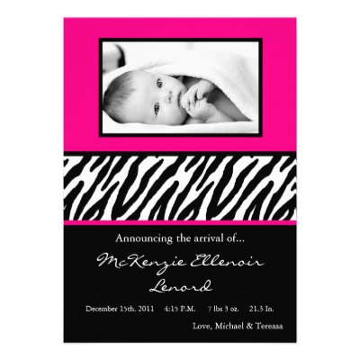 5x7 Black Hot Pink Zebra PHOTO Birth Announcement