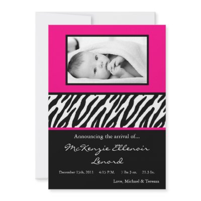 5x7 Black Hot Pink Zebra PHOTO Birth Announcement by thepapergenius