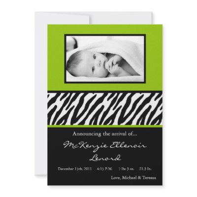 5x7 Black LimeGreen Zebra PHOTO Birth Announcement by thepapergenius