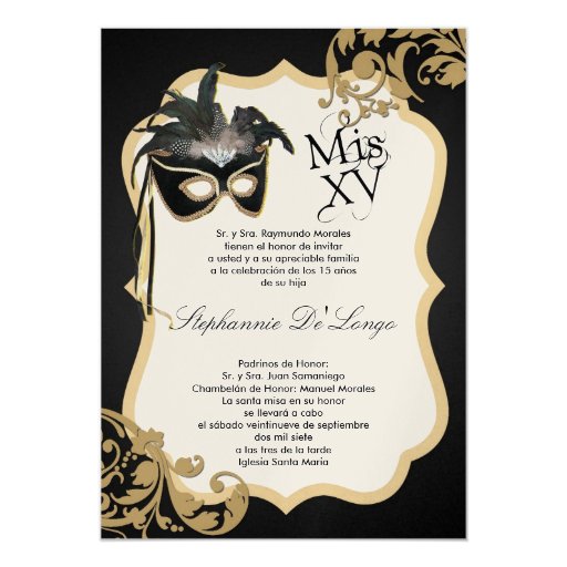 5x7 Black Masquerade Mask Quinceanera Invitation 5" X 7 ...
