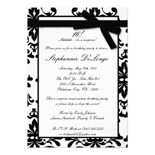 5x7 Black White Damas Sweet 16 Birthday Invitation