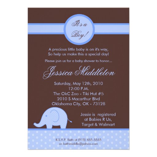 5x7 Blue Boy Mod Elephant Baby Shower Invitation
