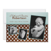5x7 Blue Brown Polka Dot Photo Birth Announcement