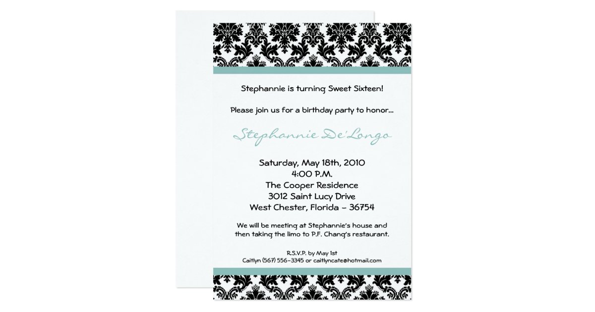 5x7 Blue Damask Birthday Party Invitation Zazzle