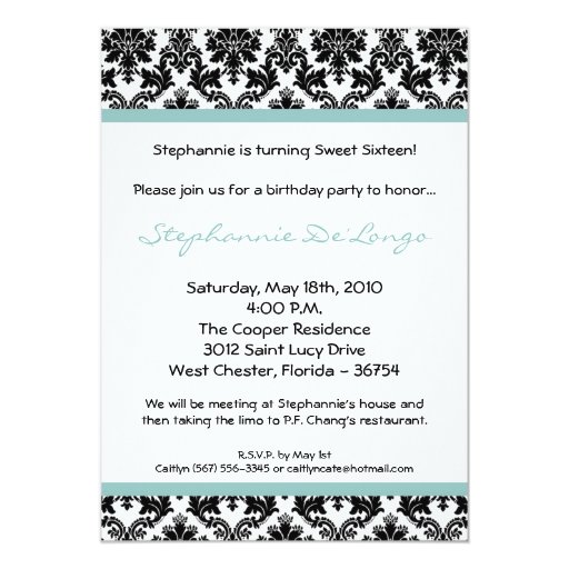 5x7 Blue Damask Birthday Party Invitation Zazzle