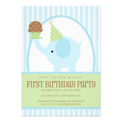 5x7 Blue Elephant Birthday Invitation