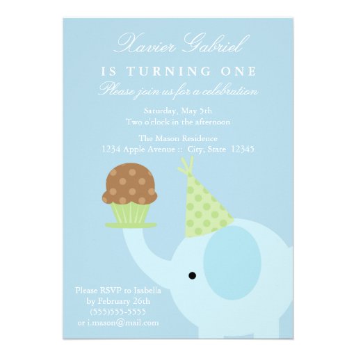 5x7 Blue Elephant Birthday Invitation