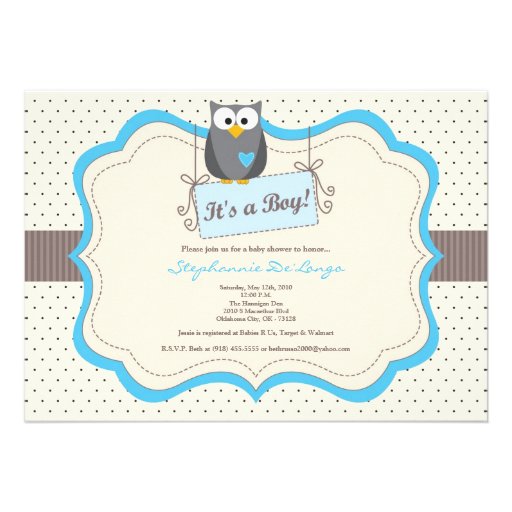 5x7 Blue Hoot Owl Woodland Baby Shower Invitation (front side)