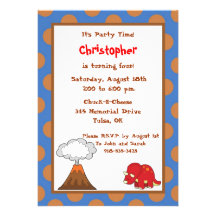 5x7 Blue Tan Polkadot Dinosaur Birthday Invite