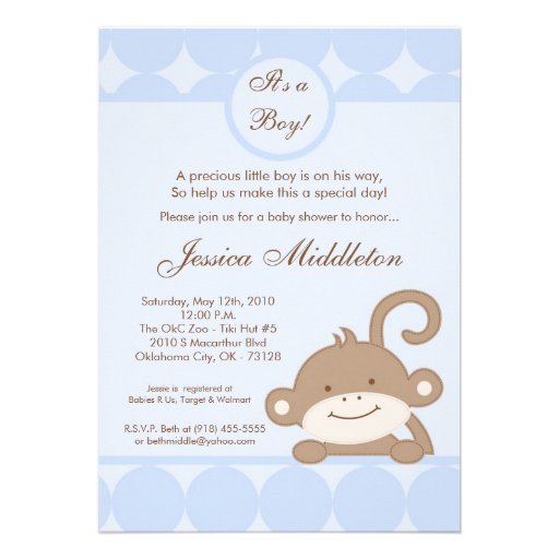 5x7 Boy Blu PolkaDot Monkey Baby Shower Invitation