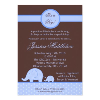 5x7 Boy Blue Mod Elephant Baby Shower Invitation