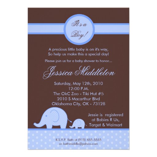 5x7 Boy Blue Mod Elephant Baby Shower Invitation