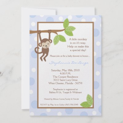 5x7 Boy Blue Monkey Jungle Baby Shower Invitation