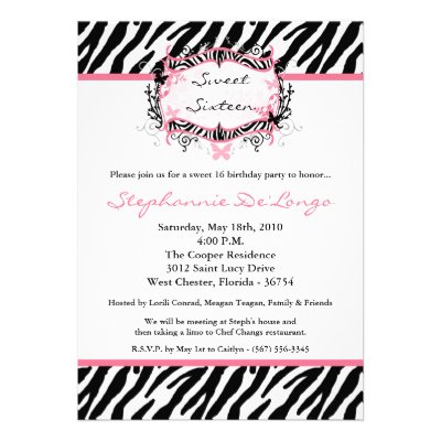5x7 Butterfly Zebra Print Birthday Part Invitation
