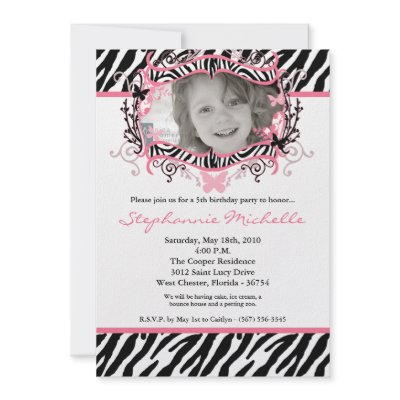 5x7 Butterfly ZebraPrint Photo Birthday Invitation by AnnLeeDesigns
