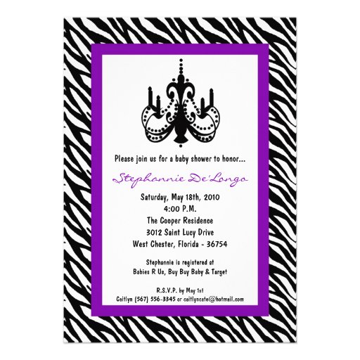 5x7 Chandelier Purple Zebra Baby Shower Invitation