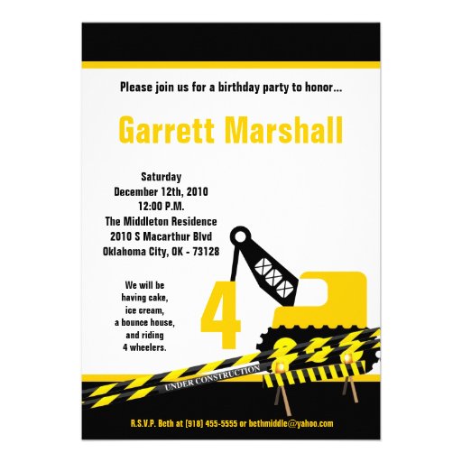 5x7 Construction Dozer Crane Birthday Invitation